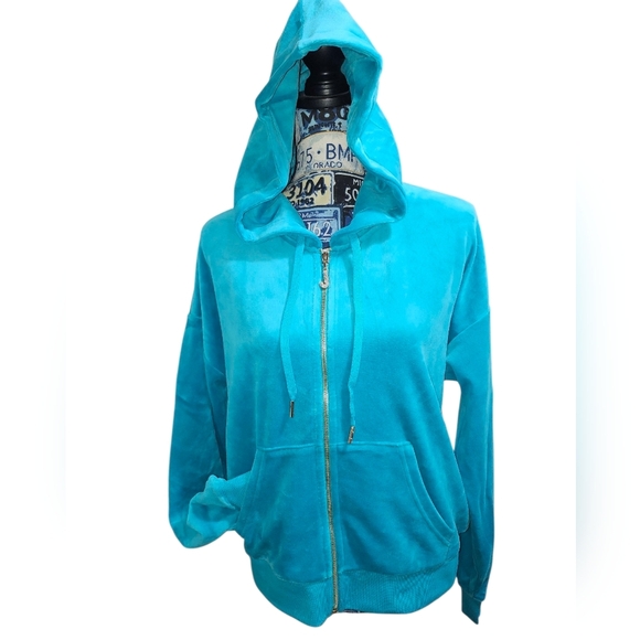 Juicy Couture Jackets & Blazers - NWT Juicy Couture Teal Zip Up Hoodie Sunset Jacket Gold Rhinestone Large